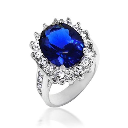 Bling Jewelry Kate Middleton Diana Ring Oval Blue Sapphire Color CZ Engagement Ring Silver Plated 5ct Size 5
