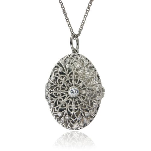 Platinum Plated Sterling Silver Cubic Zirconia Oval Locket, 21.75"