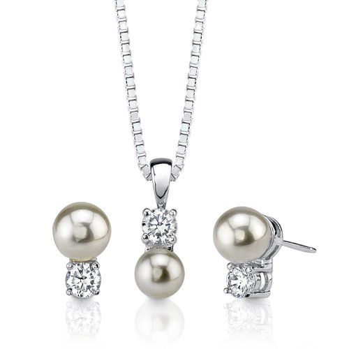 Pure Bliss: Sterling Silver Celebrity Inspired Bridal Jewelry Stud Earring Pendant Set with Faux Pearl and CZ