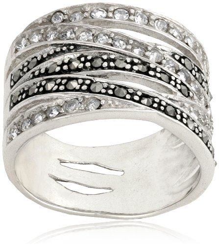 Sterling Silver 6-Row Marcasite and Crystal Ring, Size 8