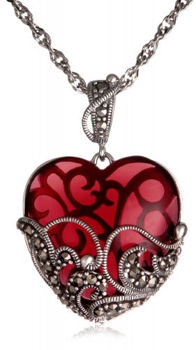 Sterling Silver Marcasite and Garnet Colored Glass Heart Pendant, 18"