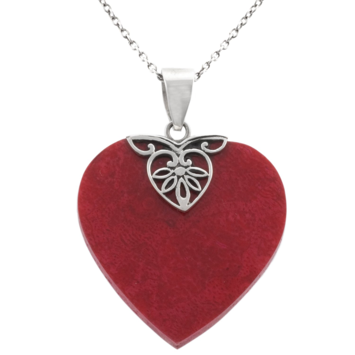 Sterling Silver Coral Heart-Shaped Bali Inspired Pendant, 18"