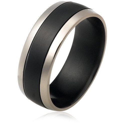 Black Titanium 8mm Wedding Band Ring with Thick Center Stripe, Size 12