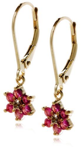 18k Yellow Gold Plated Sterling Silver Ruby Flower Dangle Earrings