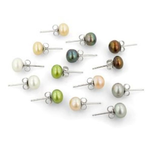 White, Champagne, Platinum Grey, Chocolate Brown, Peach, Peacock and Green Button Freshwater Cultured Pearl Stud Earrings with Sterling Silver Clasp, Set of 7 (7-8mm)