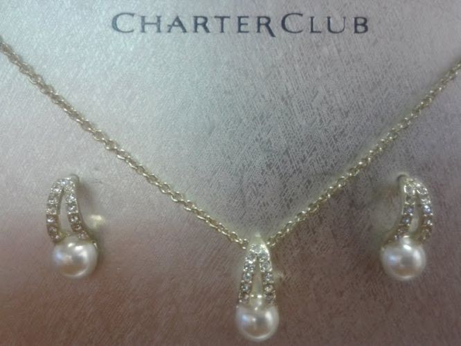 Elegant Charter Club Pear Charm Necklace With Matching Earrings Set