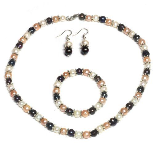 Multi-Color Freshwater Pearl Necklace Earrings Bracelet Set 7-8mm 18"