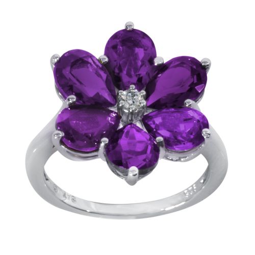 Sterling Silver Purple and Clear Crystal Flower Ring, Size 7